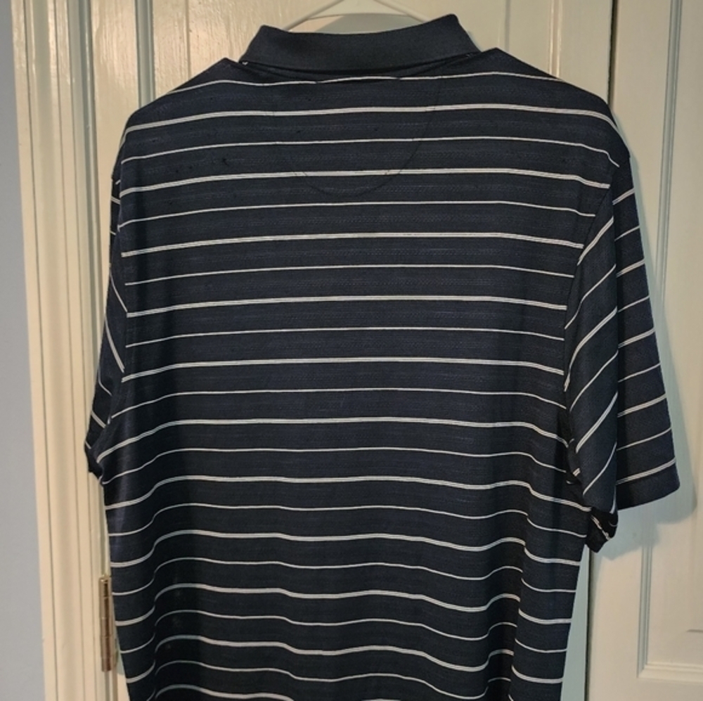 Navy Striped Pique Men's Collared Polo 3 top buttons. Large - Picture 8 of 10